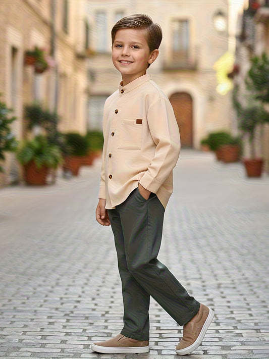 2pcs Boys' Vintage Style Solid Color Long Sleeve Shirt + Versatile Pants Set for Spring/Autumn