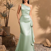 Women's Smooth Satin One-Shoulder Pleated Gown – Elegant Long Dress for Parties & Weddings