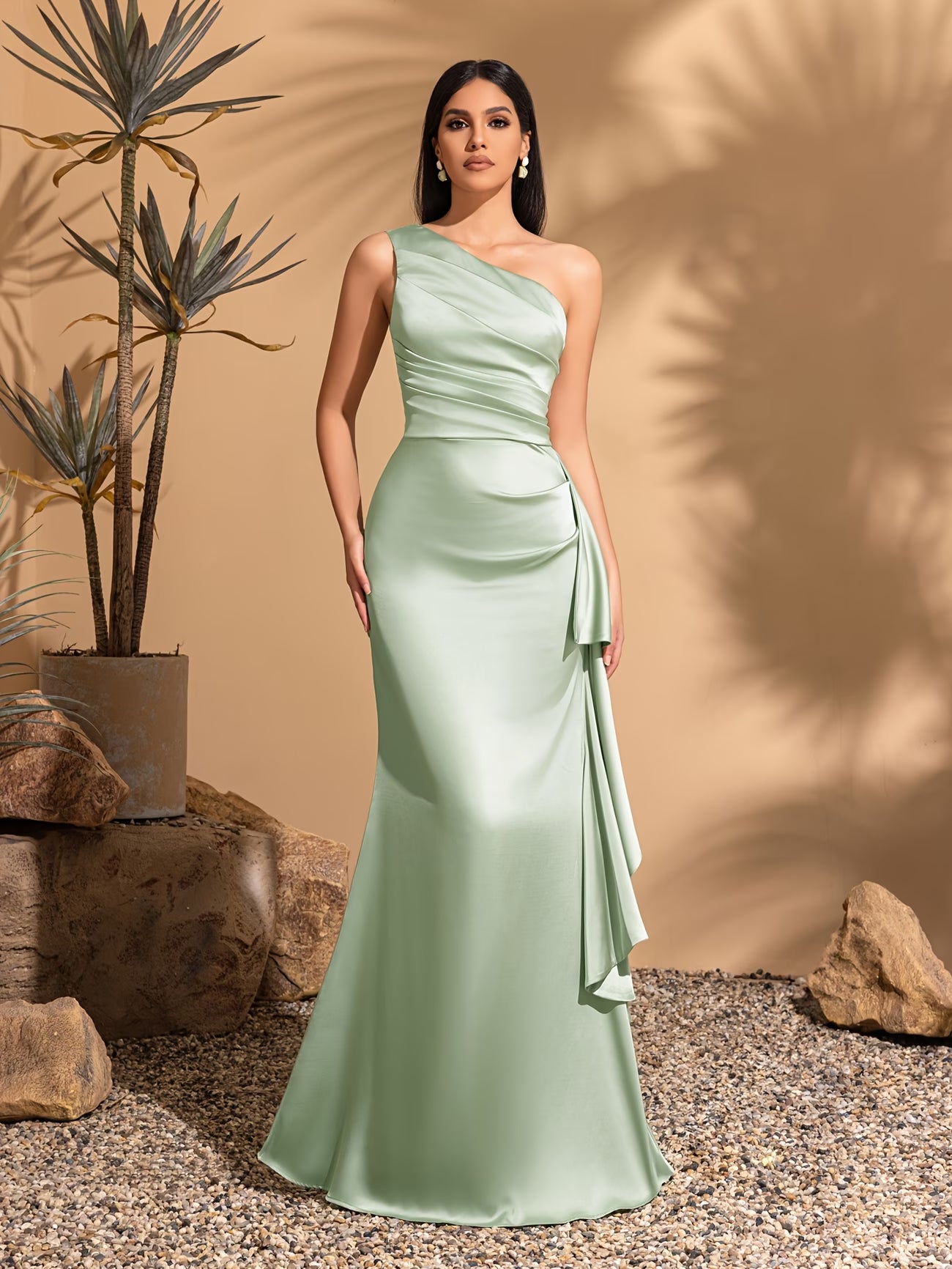 Women's Smooth Satin One-Shoulder Pleated Gown – Elegant Long Dress for Parties & Weddings