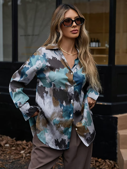 Loose Long Sleeve Shirt with Lapel Collar | Print Pattern, Suitable for Spring/Fall Season