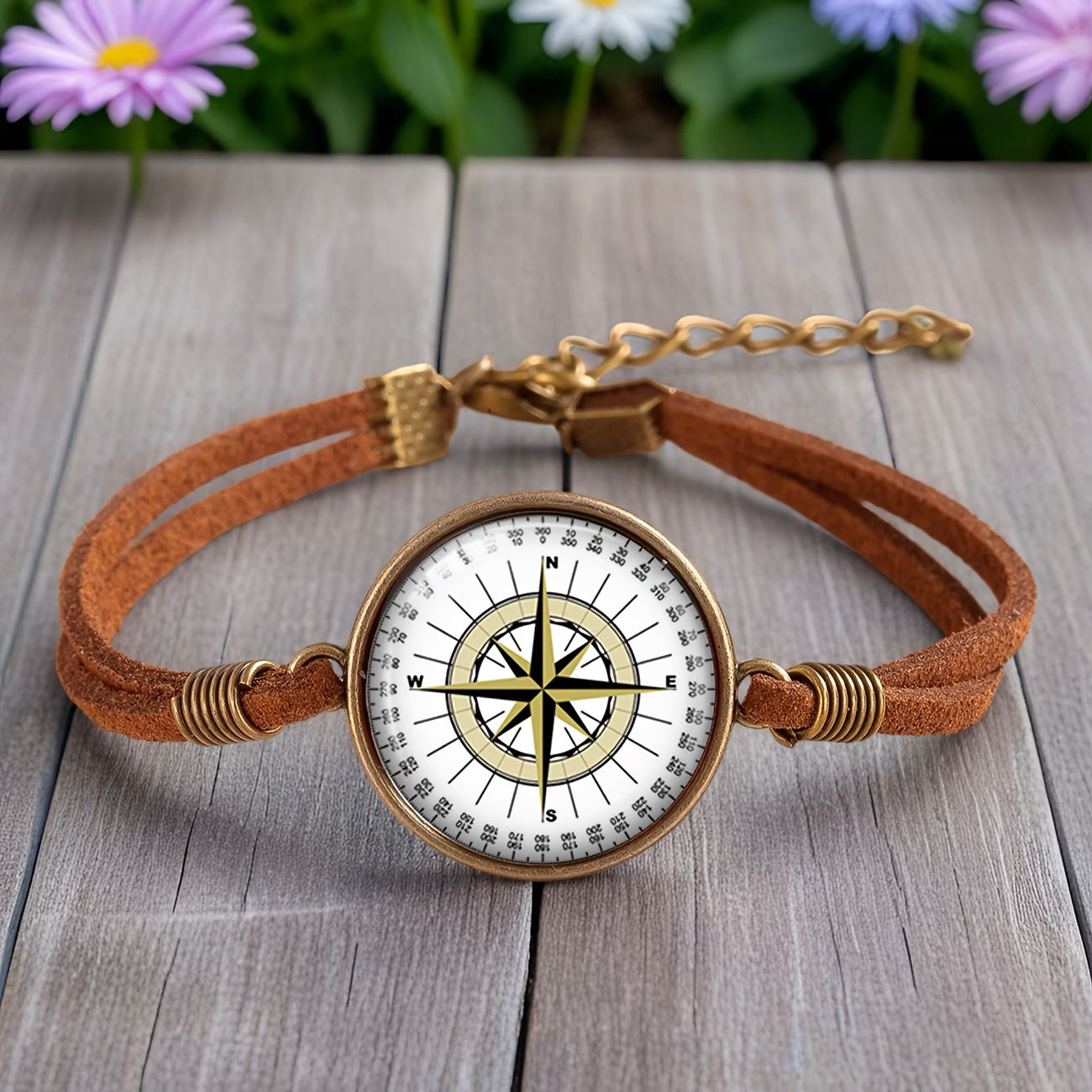 Adventure Style Compass Pattern Round Glass Dome Brown Leather Bracelets Accessory Gifts for Friends