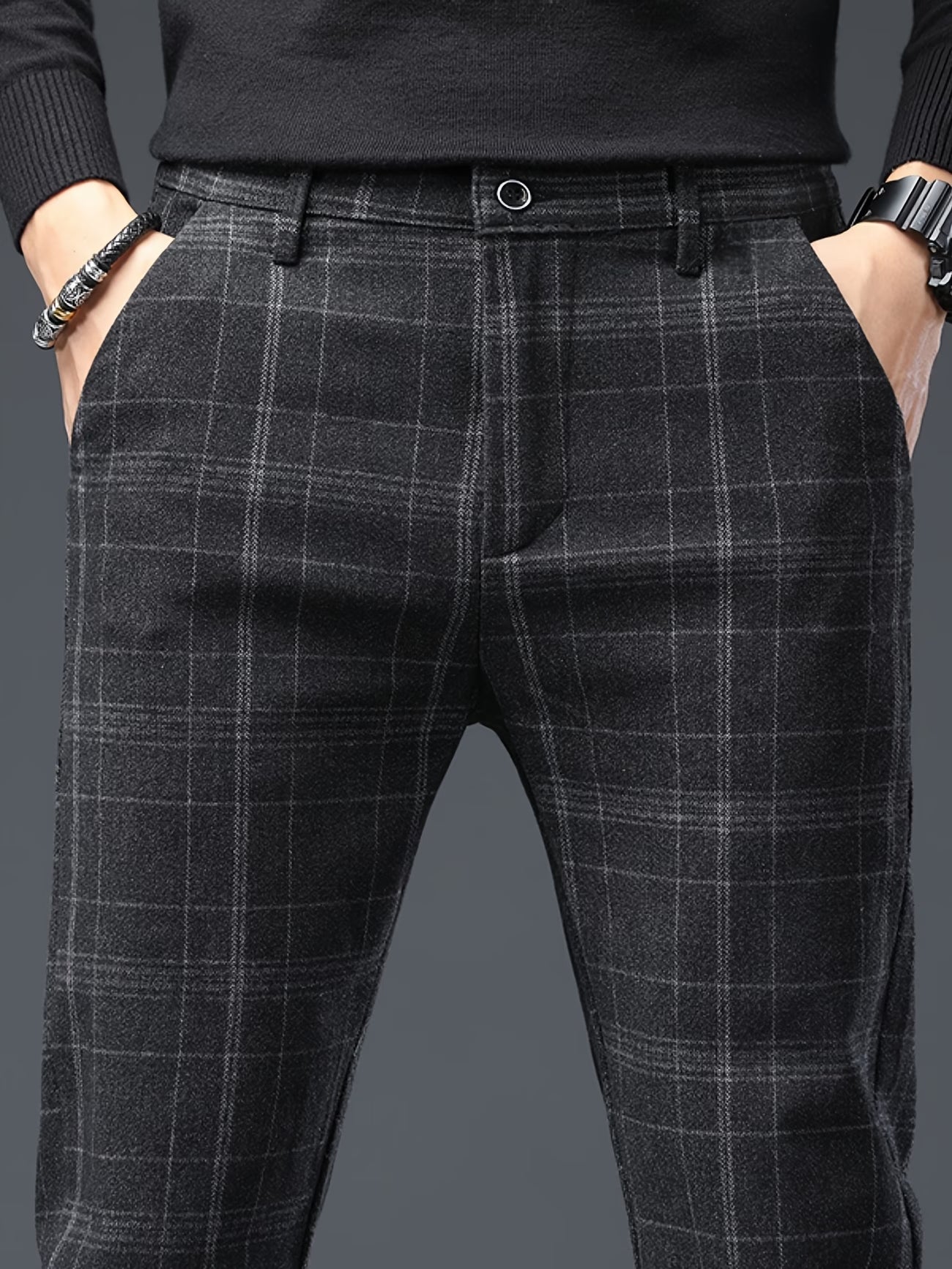 Men's Slim-Fit Plaid Pants - Brushed Stretch Straight Leg