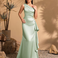 Women's Smooth Satin One-Shoulder Pleated Gown – Elegant Long Dress for Parties & Weddings