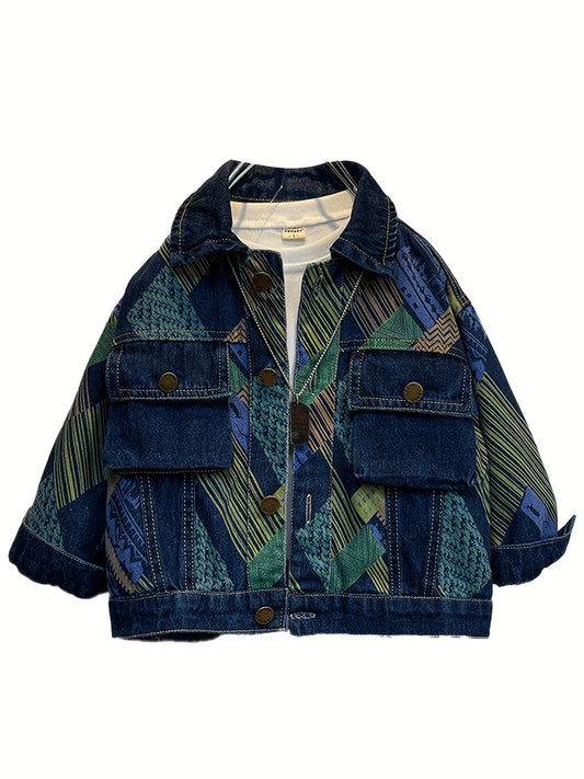 A Stylish Denim Jacket Featuring Playful And Unique Colorful Geometric Patterns