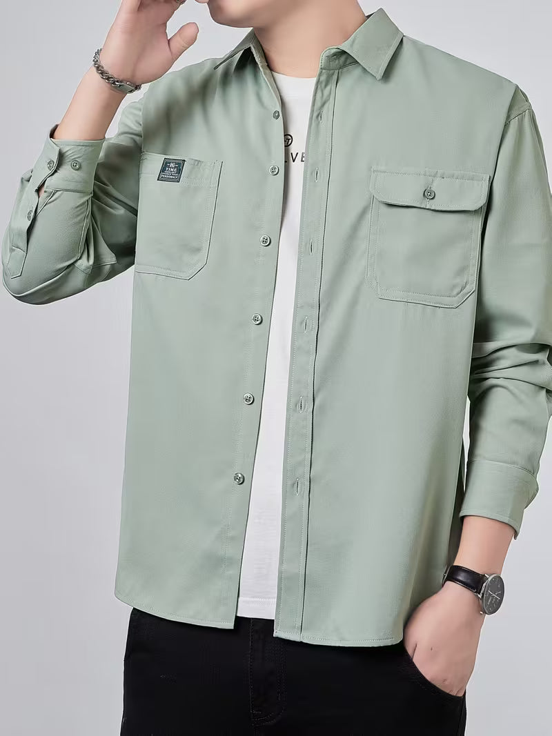 Men's Casual Solid Color Shirt – Collared Button-Up with Dual Pockets | All-Season Wear