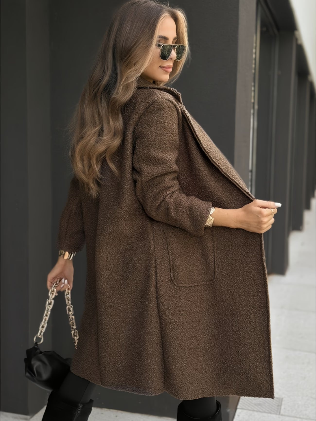Plus Size, Plus Size Women's Brown Plush Texture Suit Collar Coat