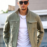 Men'S Summer Regular Fit Washed Denim Jacket in Solid Military Green, Non-Stretch And Casual for Outings