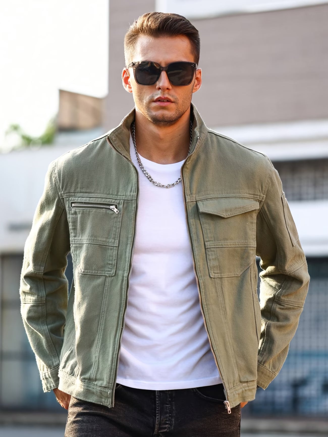 Men'S Summer Regular Fit Washed Denim Jacket in Solid Military Green, Non-Stretch And Casual for Outings