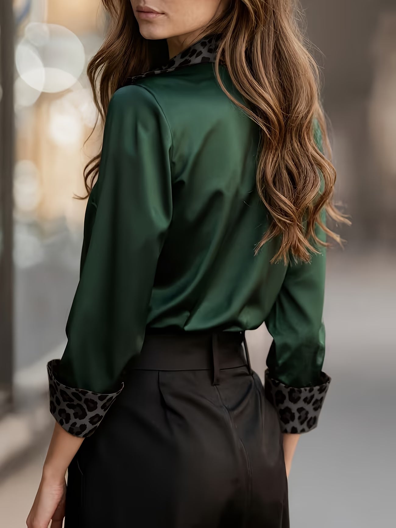 Elegant Women'S Spring/Fall Satin Shirt | Color Block Long Sleeve, Lapel Collar, Slim Fit