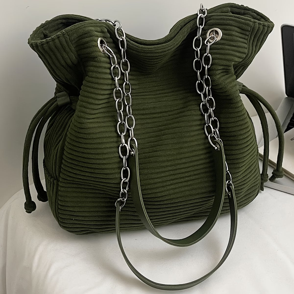 Casual Ladies Tote Bag | Large Capacity, Corduroy Material, Striped Pattern