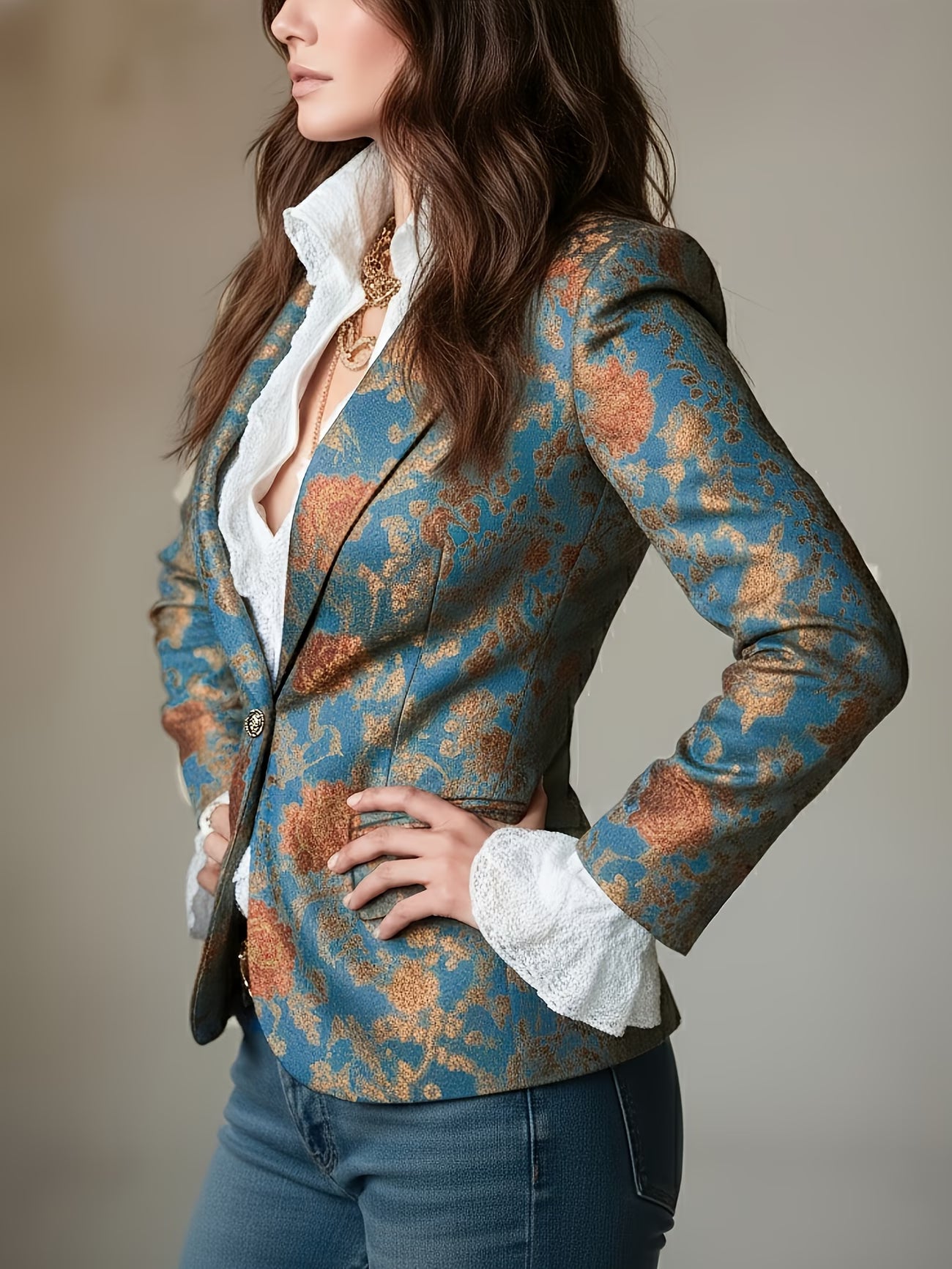 Elegant Vintage Court Style Printed Short Waist Blazer with Lining and Pockets | Regular Fit, Long Sleeve, Single Button Closure