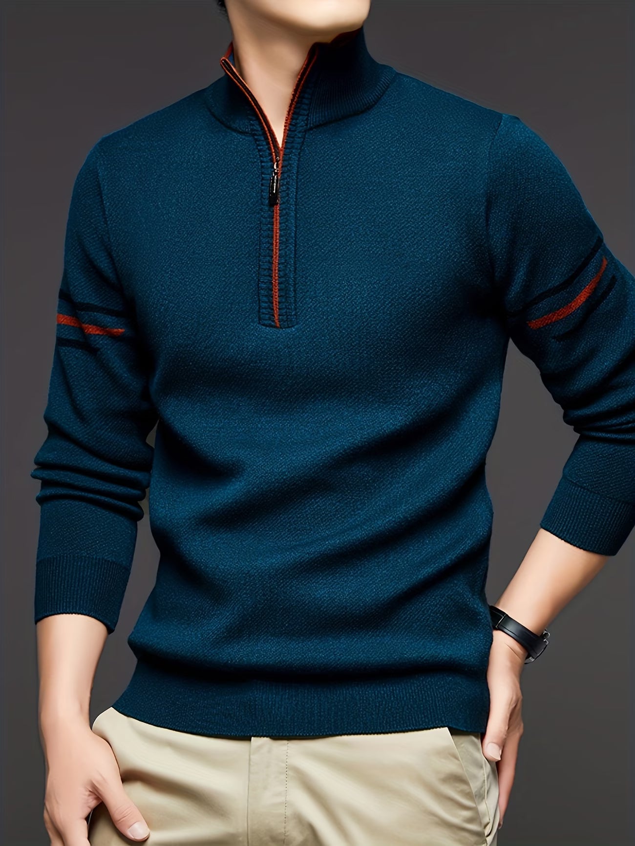 Men'S Autumn And Winter Sweater - Thick Warm Knitted Top - Half High Collar Zip Style