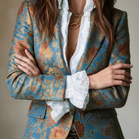 Elegant Vintage Court Style Printed Short Waist Blazer with Lining and Pockets | Regular Fit, Long Sleeve, Single Button Closure