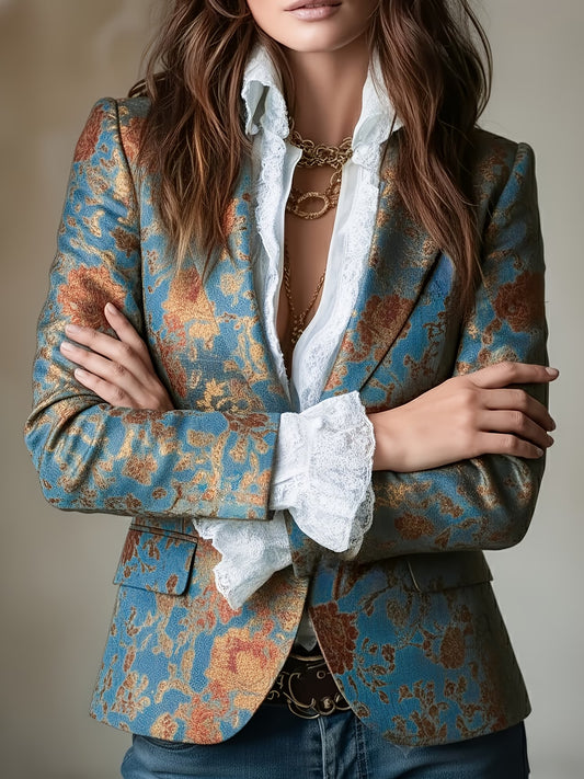 Elegant Vintage Court Style Printed Short Waist Blazer with Lining and Pockets | Regular Fit, Long Sleeve, Single Button Closure