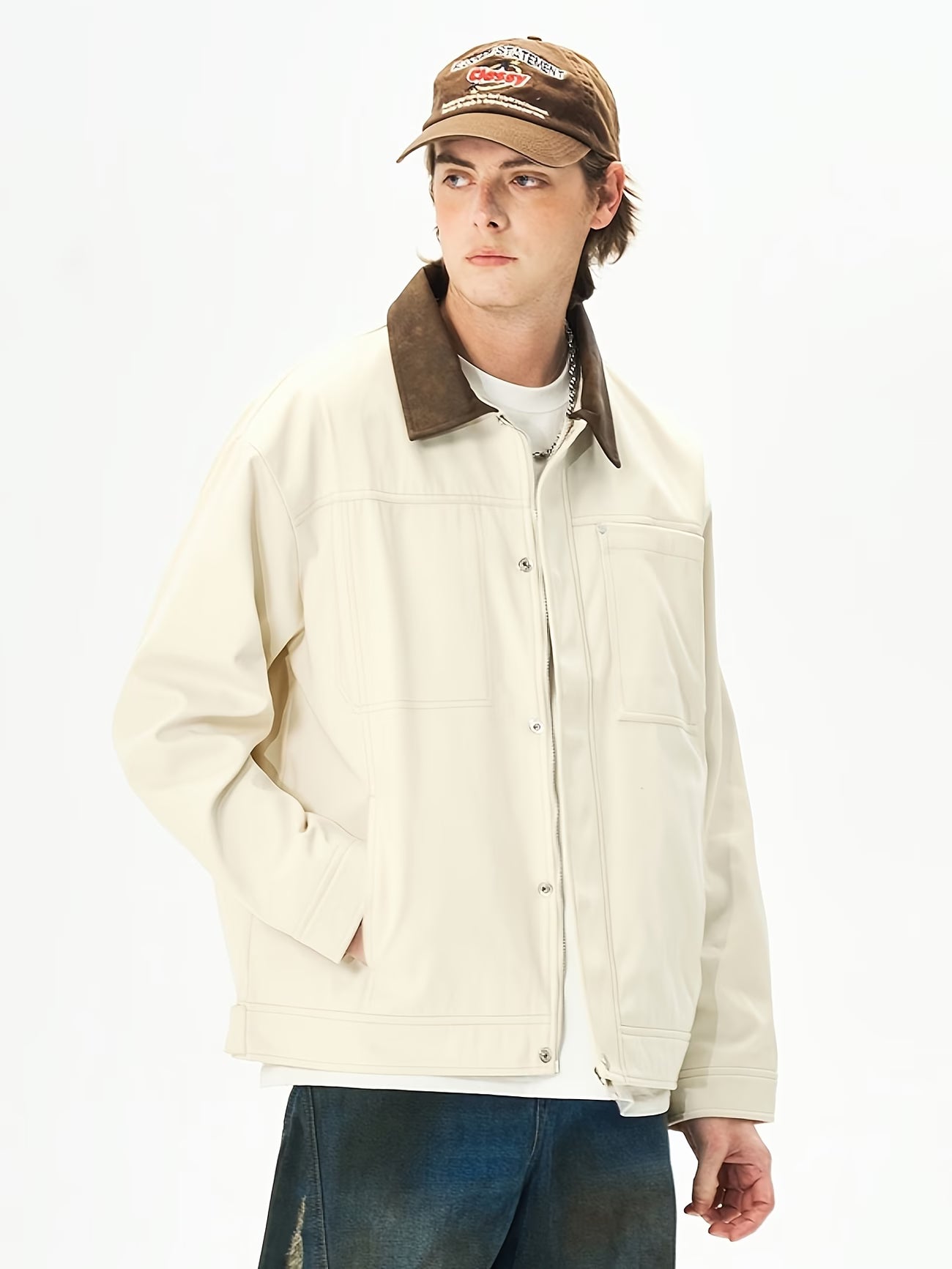 Men's Jacket, Loose Fit Spring/Autumn Outerwear with Button Cuffs