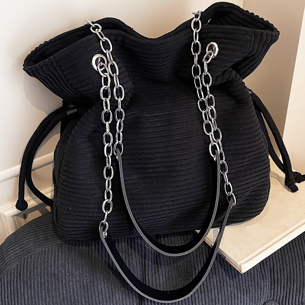 Casual Ladies Tote Bag | Large Capacity, Corduroy Material, Striped Pattern