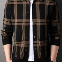 Men's Plaid Casual Cardigan Sweater Jacket – Long-Sleeve Lapel Knitwear for Spring & Autumn