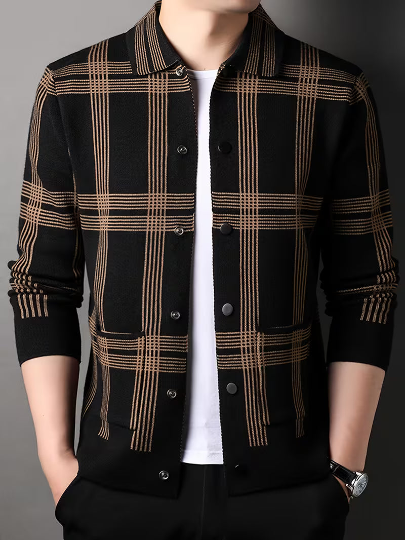 Men's Plaid Casual Cardigan Sweater Jacket – Long-Sleeve Lapel Knitwear for Spring & Autumn
