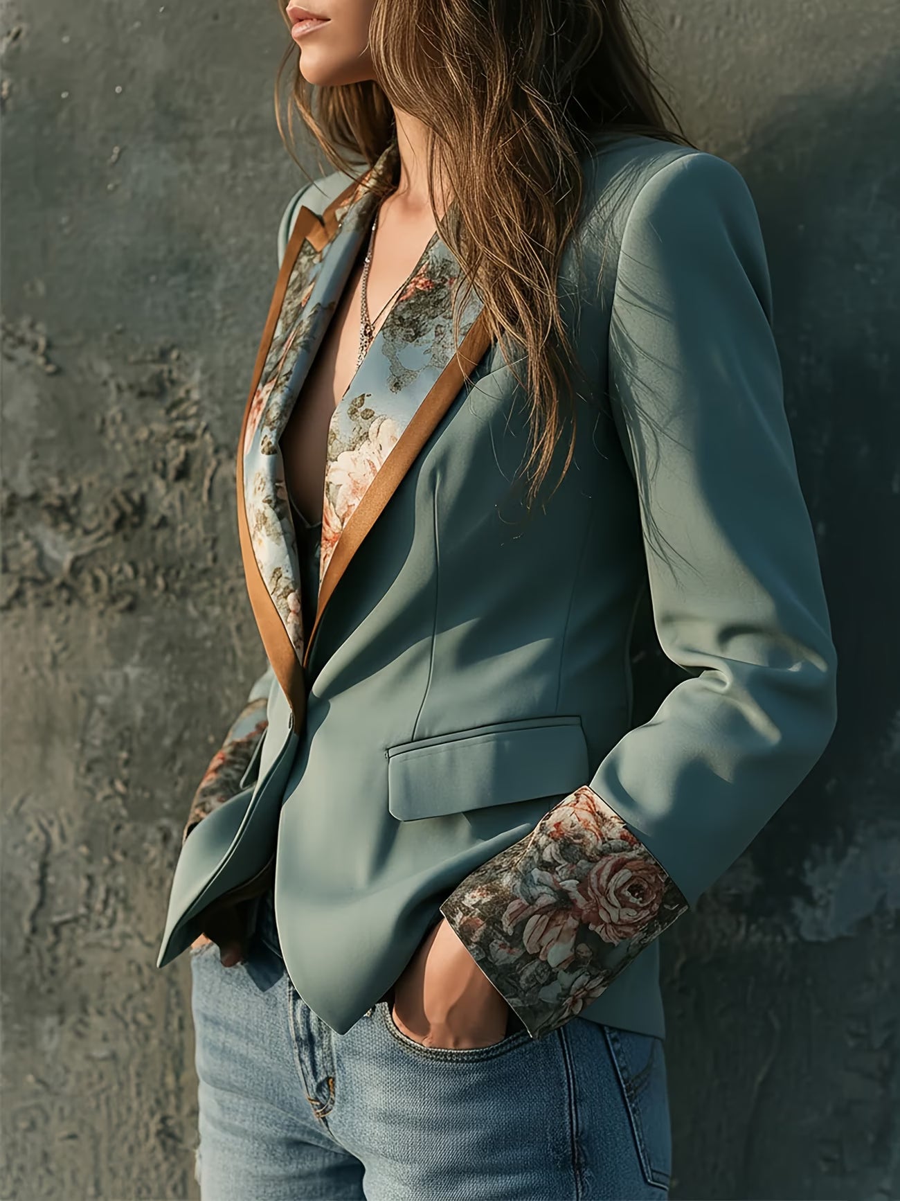 Bohemian Style Elegant Vintage Charm Vibrant Floral Print Single-button Long Sleeve Blazer Jacket with Practical Pockets