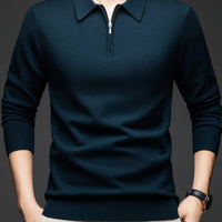 Men's Zippered Knit Shirt, Casual Turn- Collar Long Sleeve TShirts Classic Comfortable Matching