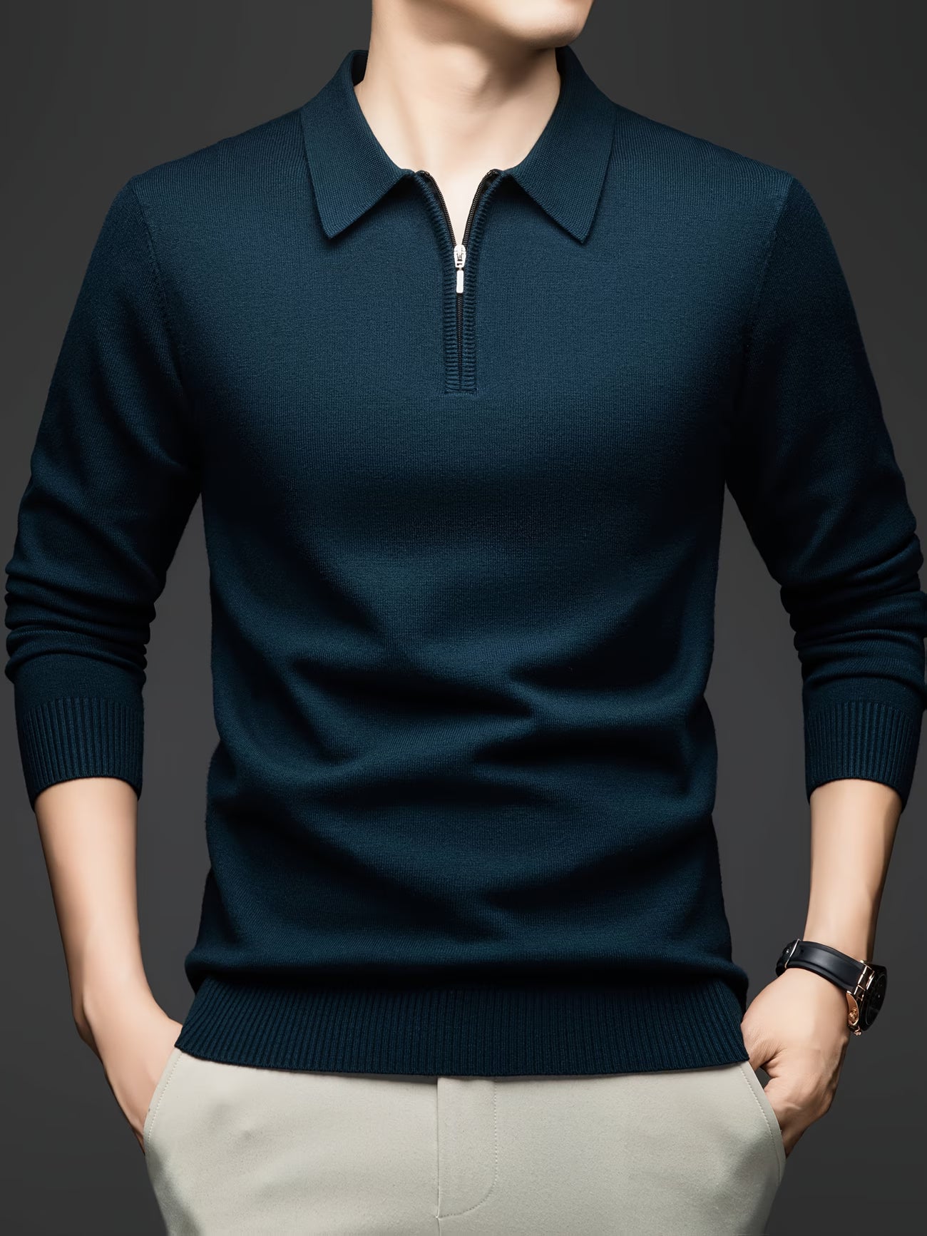 Men's Zippered Knit Shirt, Casual Turn- Collar Long Sleeve TShirts Classic Comfortable Matching
