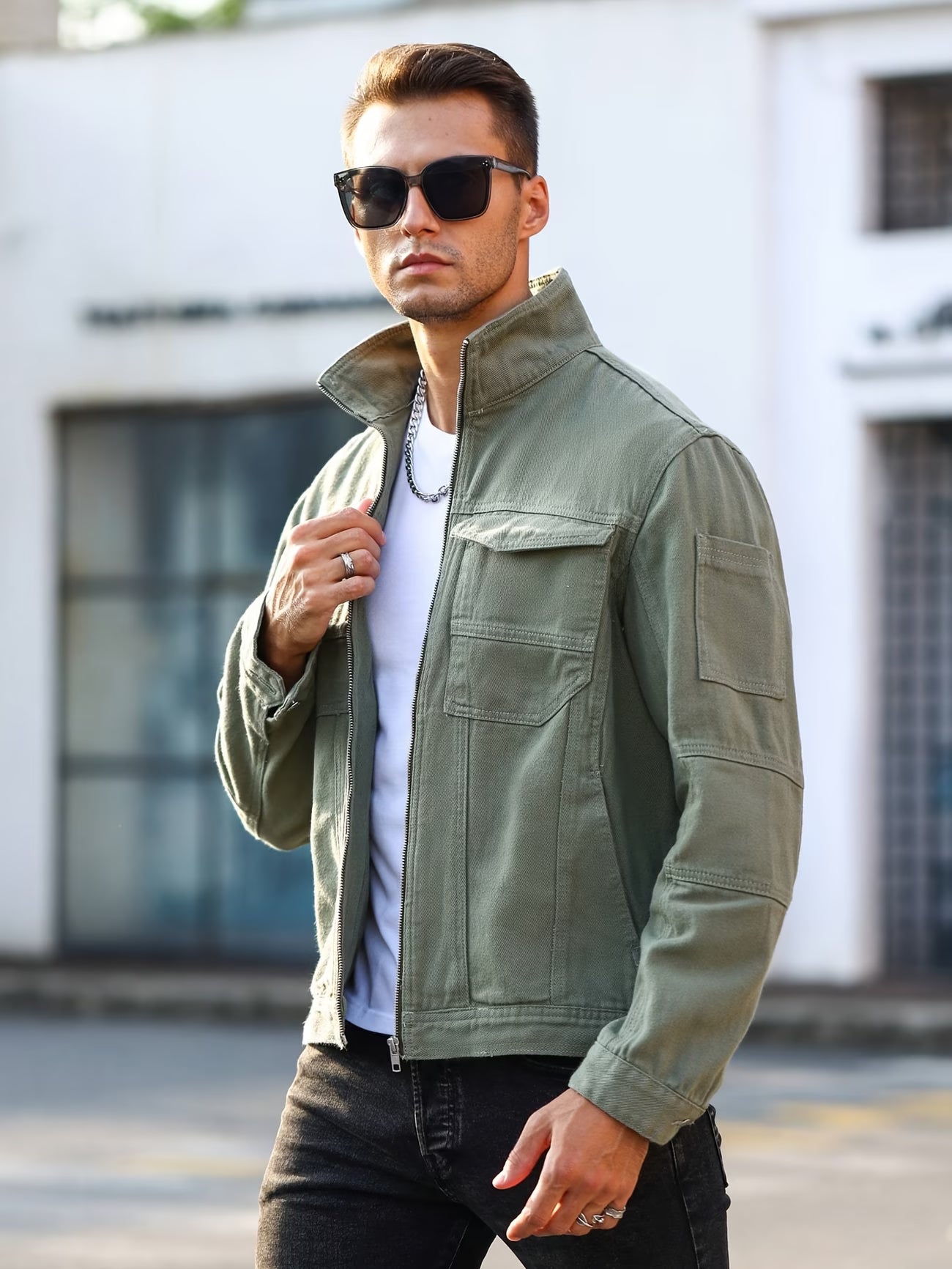 Men'S Summer Regular Fit Washed Denim Jacket in Solid Military Green, Non-Stretch And Casual for Outings