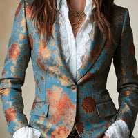 Elegant Vintage Court Style Printed Short Waist Blazer with Lining and Pockets | Regular Fit, Long Sleeve, Single Button Closure