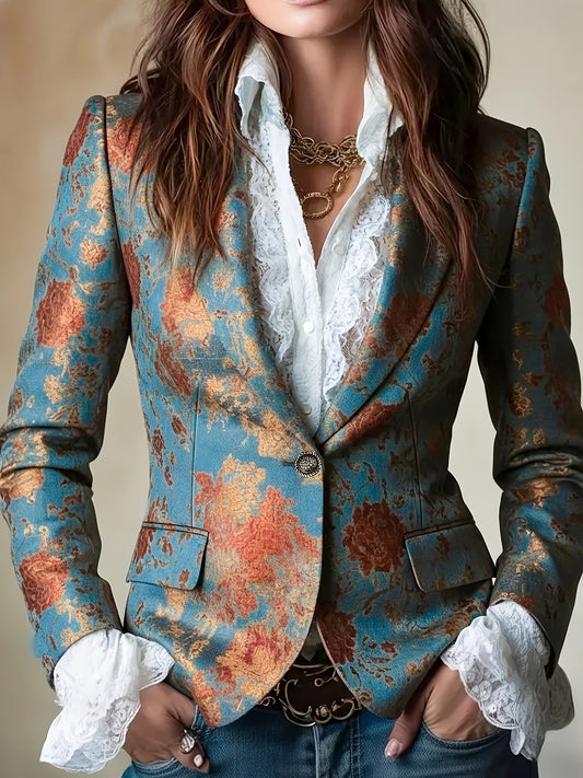 Elegant Vintage Court Style Printed Short Waist Blazer with Lining and Pockets | Regular Fit, Long Sleeve, Single Button Closure