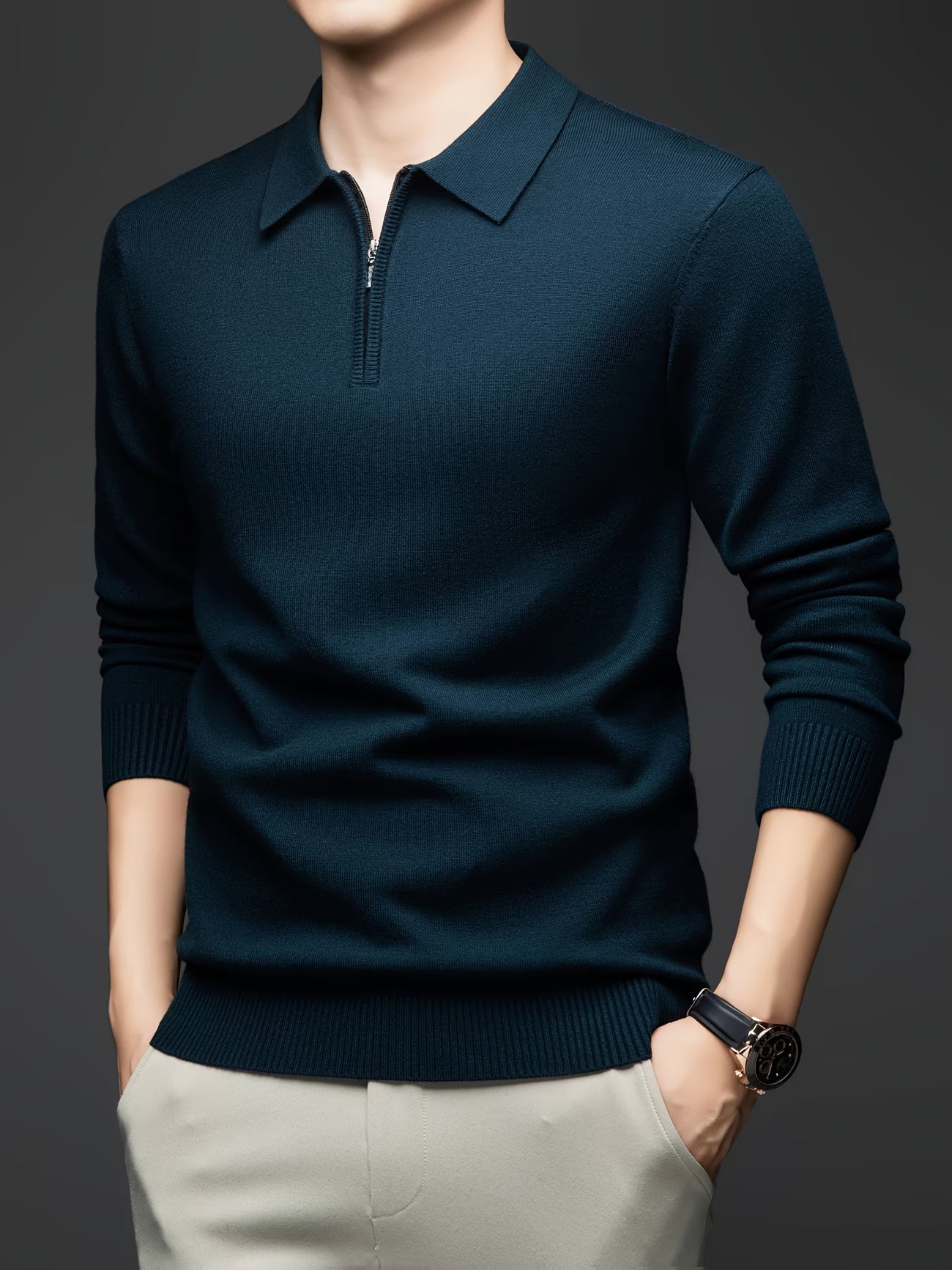 Men's Zippered Knit Shirt, Casual Turn- Collar Long Sleeve TShirts Classic Comfortable Matching