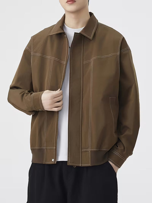 Men's Loose Lapel Zip-Up Long-Sleeve Jacket – Solid Color Versatile Outerwear for Spring & Autumn