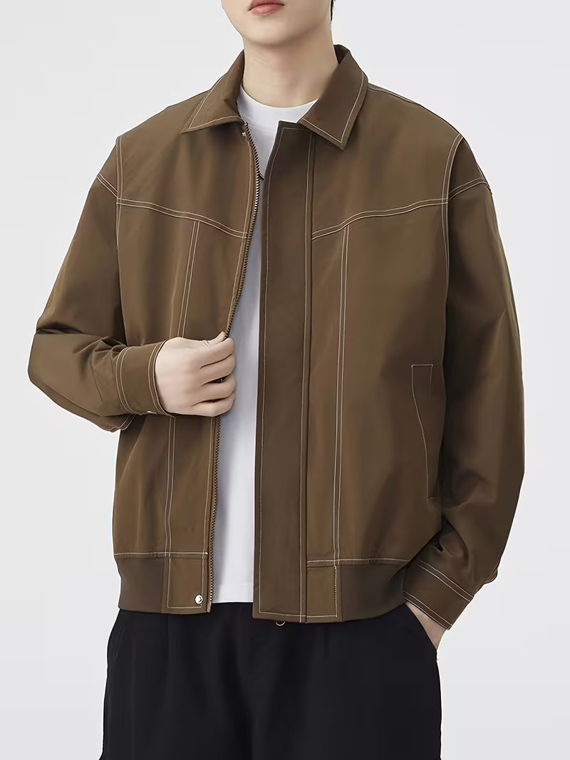 Men's Loose Lapel Zip-Up Long-Sleeve Jacket – Solid Color Versatile Outerwear for Spring & Autumn