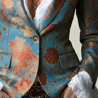 Elegant Vintage Court Style Printed Short Waist Blazer with Lining and Pockets | Regular Fit, Long Sleeve, Single Button Closure