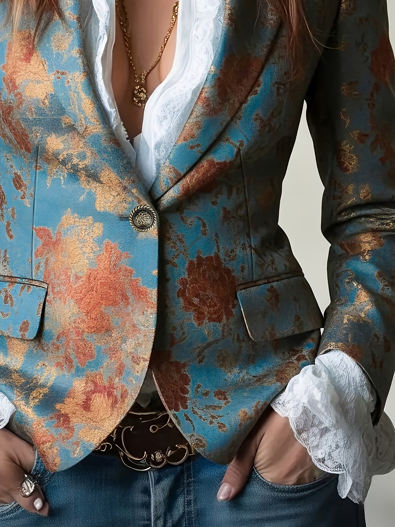 Elegant Vintage Court Style Printed Short Waist Blazer with Lining and Pockets | Regular Fit, Long Sleeve, Single Button Closure