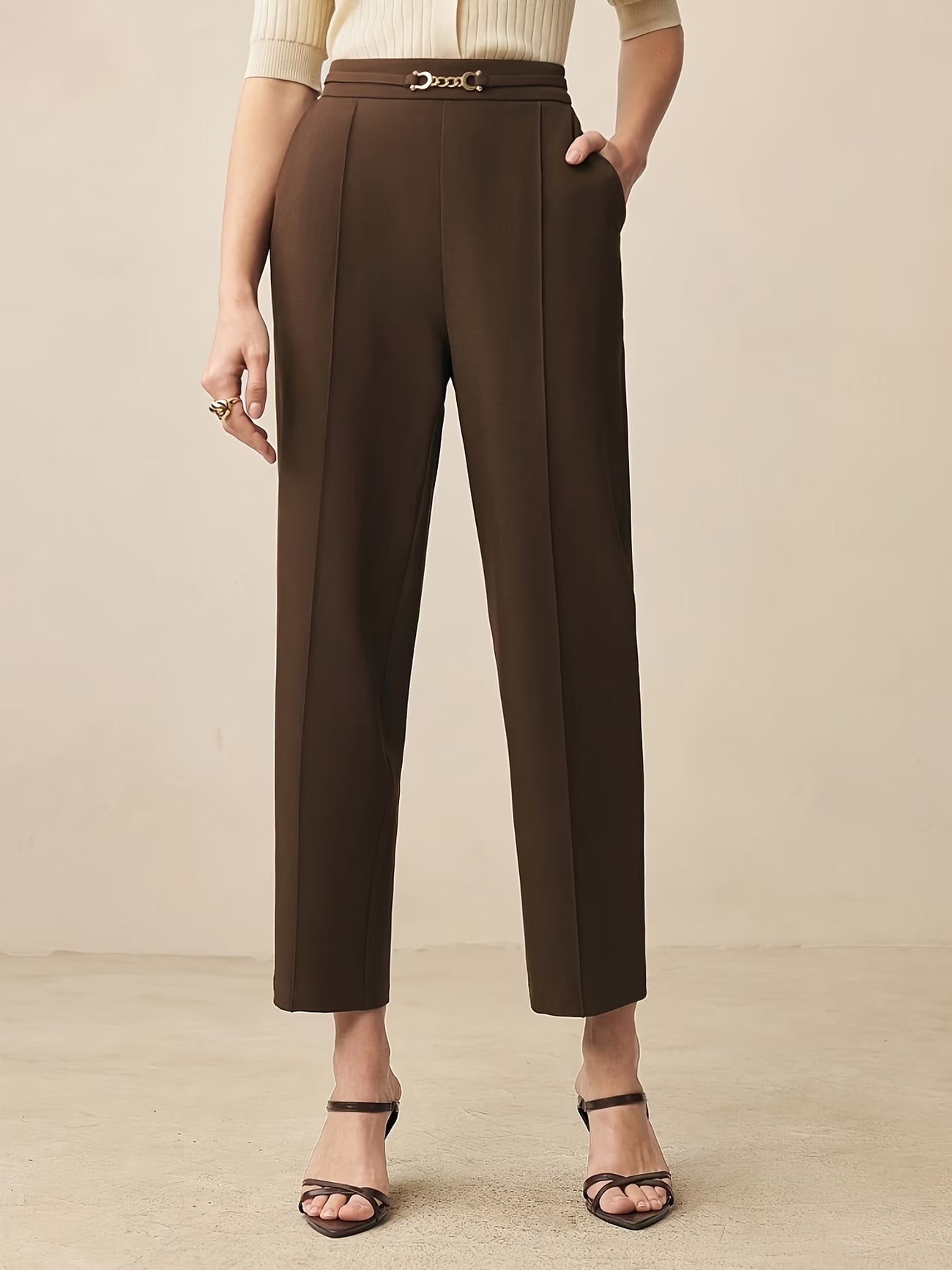 Women's Elegant Straight-Leg Office Pants with Metal Chain Detail